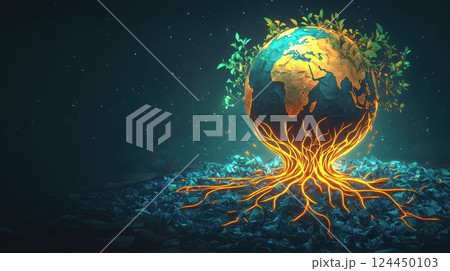 A glowing Earth is surrounded by vibrant roots and leaves, life, growth, and the interconnectedness of nature concept. A glowing Earth is surrounded by vibrant roots and leaves, life, growth, and the interconnectedness of nature concept. 124450103