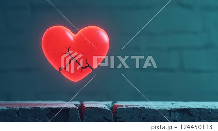 A glowing, cracked red heart hovers above a stone surface, broken love and emotional pain concept A glowing, cracked red heart hovers above a stone surface, broken love and emotional pain concept 124450113