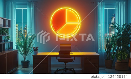 A modern office space featuring a glowing pie chart on the wall, with an office chair and plants, productivity concept 124450154