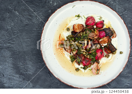 Radish piccata, vegan food. Radish piccata, vegan food. 124450438