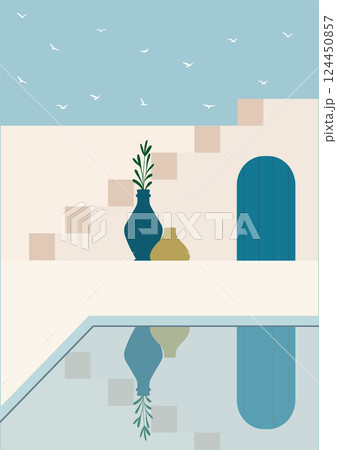 Greek town view flat color vector illustration. Summer holiday in Greece. Mediterranean European architecture 124450857