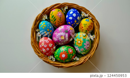 A basket filled with colorful painted eggs sitting on top of a table 124450953