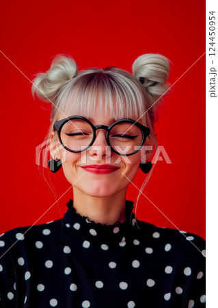 A woman wearing glasses and a polka dot shirt 124450954