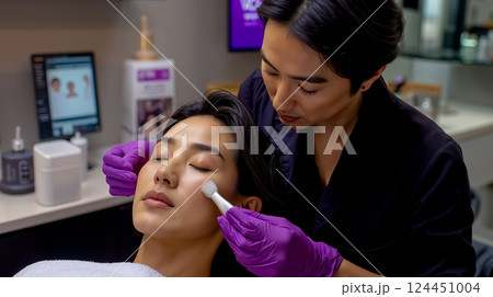 A woman getting a facial treatment at a beauty salon 124451004
