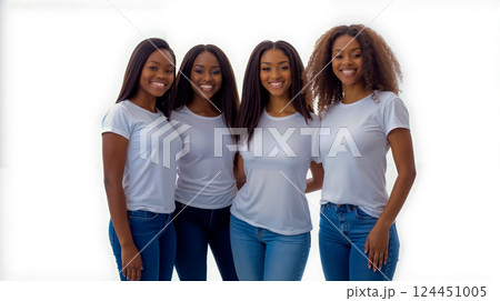 A group of four women in white shirts posing for a picture 124451005
