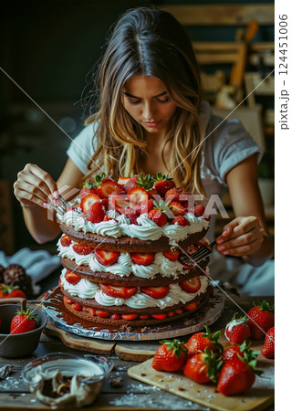A woman cutting into a chocolate cake with strawberries on top 124451006