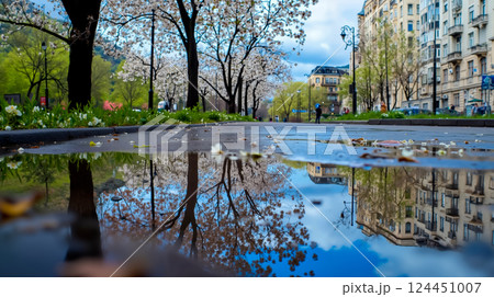 A puddle of water in the middle of a city street with trees and flowers 124451007