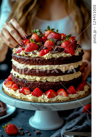 A woman is decorating a chocolate cake with strawberries on top 124451008