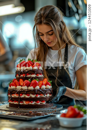 A woman in an apron preparing a chocolate cake with strawberries on top 124451009