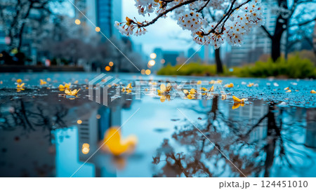 A puddle of water with a tree branch in the middle of it 124451010