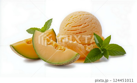 A melon with a scoop of ice cream next to it 124451011