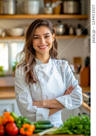 A woman in a chef's uniform standing in a kitchen with her arms crossed 124451027