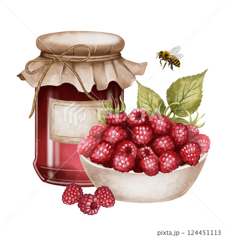 raspberry jam jar with rustic bowl of fresh berries, spoon and bee 124451113