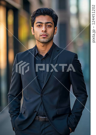 A man in a black suit standing in front of a building 124451202