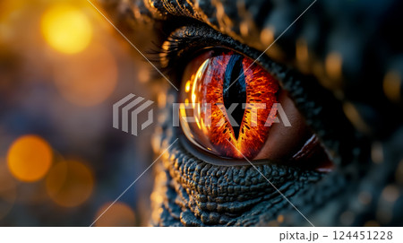 A close up of a dragon's eye with a blurry background 124451228