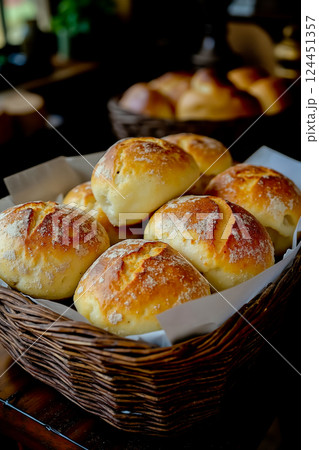 A basket full of freshly baked bread rolls sitting on a table 124451357