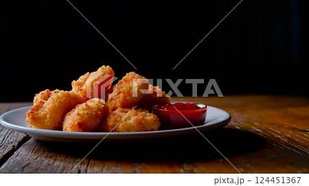 A plate of fried chicken nuggets with ketchup on a wooden table 124451367