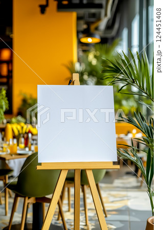 A blank canvas on a easel in a restaurant setting 124451408