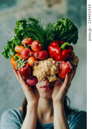 A woman holding a bunch of vegetables in front of her face 124451414