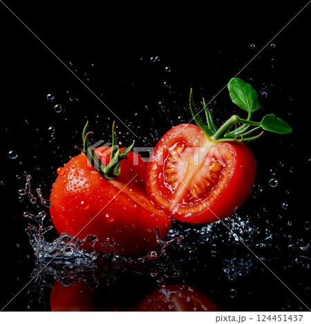 A couple of tomatoes that are in the water with water droplets 124451437