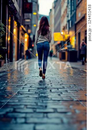 A woman walking down a city street in the rain 124451438