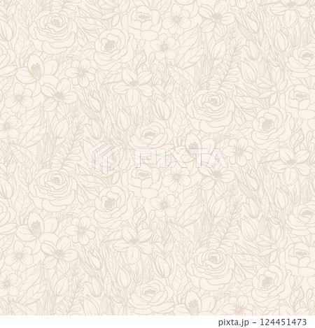 A seamless floral pattern in soft beige tones with delicate, intricate linework. Ideal for wallpapers, textiles, stationery, packaging, gift wrap, invitations, home decor, and elegant fashion prints. A seamless floral pattern in soft beige tones with delicate, intricate linework. Ideal for wallpapers, textiles, stationery, packaging, gift wrap, invitations, home decor, and elegant fashion prints. 124451473
