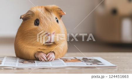 A cute guinea pig sitting on a newspaper 124451663