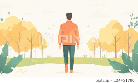 A man walks through a serene, autumn landscape, surrounded by vibrant yellow trees and lush greenery 124451790