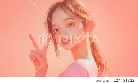 A serene portrait of a young woman with a soft expression, posing with a peace sign 124451822