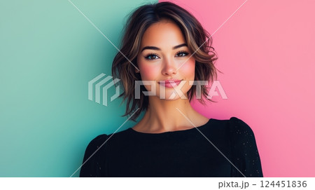 smart woman, A smiling individual poses against a colorful backdrop 124451836