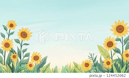 A serene landscape featuring vibrant sunflowers under a clear blue sky A serene landscape featuring vibrant sunflowers under a clear blue sky 124452062