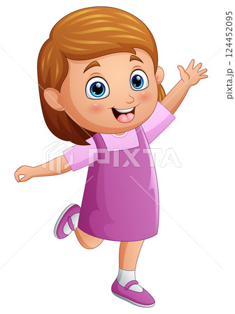 Cartoon happy little girl jumping and waving hand Cartoon happy little girl jumping and waving hand 124452095