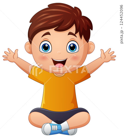Cartoon funny little boy sitting and waving hand Cartoon funny little boy sitting and waving hand 124452096