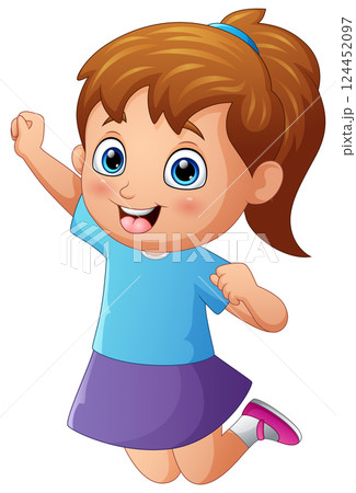 Cartoon happy little girl jumping and smiling 124452097