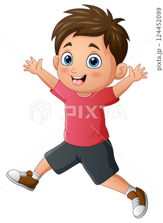 Cartoon happy little boy jumping and waving hand Cartoon happy little boy jumping and waving hand 124452099