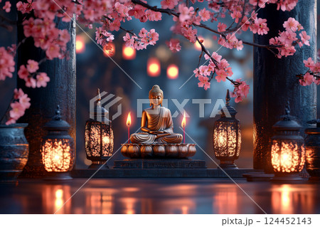 Tranquil Hanamatsuri scene with a golden Buddha, blooming cherry blossoms, incense, glowing lanterns. Tranquil Hanamatsuri scene with a golden Buddha, blooming cherry blossoms, incense, glowing lanterns. 124452143