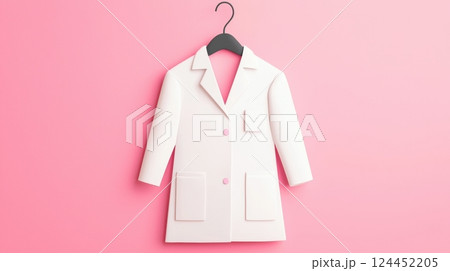 A white lab coat is displayed on a black hanger 124452205