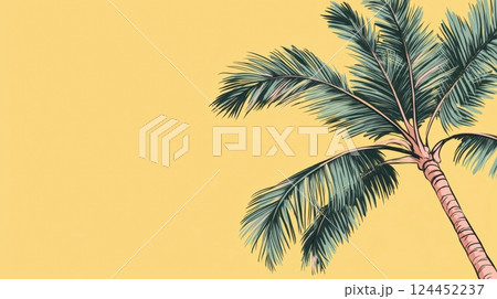 A vibrant palm tree against a bright yellow background 124452237