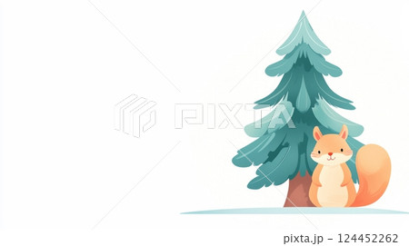 A cute, cartoon-style squirrel stands beside a tall, lush green tree 124452262