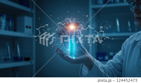 Scientist holding a test tube with glowing blue liquid, surrounded by digital chemical structures, in a laboratory setting, showcasing innovation in research and development. 124452473