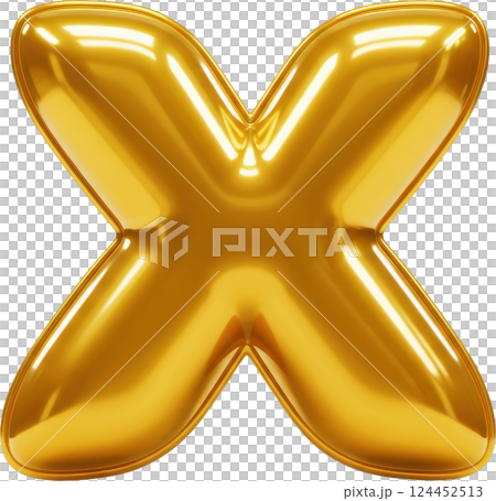 Golden balloon letter X. Shiny, inflatable 3D rendering for festive designs and typography. 124452513
