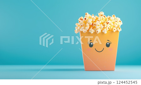 A cheerful popcorn container with a smiling face, filled with fluffy popcorn 124452545