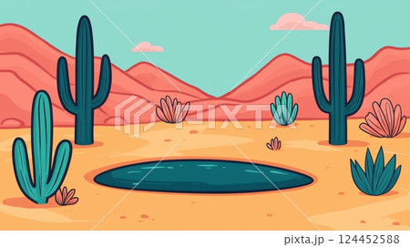 A whimsical desert scene with cacti, colorful vegetation 124452588