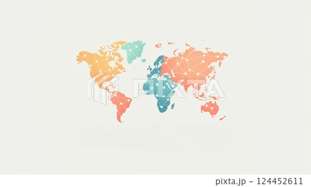 A colorful, artistic map of the world featuring soft pastel hues 124452611