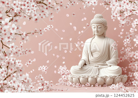 Hanamatsuri celebration featuring a Buddha statue surrounded by blooming cherry blossoms against a soft pink background. Hanamatsuri celebration featuring a Buddha statue surrounded by blooming cherry blossoms against a soft pink background. 124452625