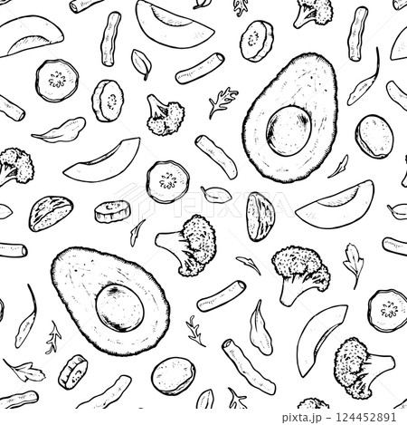 Seamless vector pattern featuring hand drawn vegetables in a vintage black and white engraving style. For kitchen decor and healthy eating designs. With a white isolated background 124452891