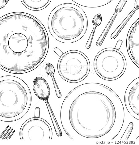 Seamless vector pattern of vintage dishware in black and white. Hand drawn plates, cups and utensils. Elegant crockery and tableware sketch for kitchen decor. For paper, textile prints and background Seamless vector pattern of vintage dishware in black and white. Hand drawn plates, cups and utensils. Elegant crockery and tableware sketch for kitchen decor. For paper, textile prints and background 124452892