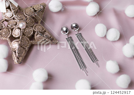 Female Jewelry. Vintage bijouterie jewelry handmade. Flat lay, top view copy space and empty space for text 124452917