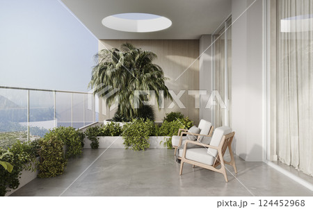 Balcony or veranda in a modern house or apartment with cozy armchairs, wood wall and plant, sunbeam, 3d render 124452968