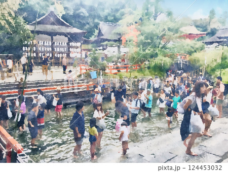 京都、下鴨神社の「みたらし祭」で多くの人で賑わっている風景（オリジナル画像からAI加工） 124453032